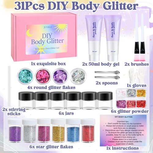 JUYRLE Body Glitter, Face Glitter- 31Pcs DIY Body Glitter Making Kit, Makeup Glitter Gel Hair Glitter Eye Glitter Sequins Mermaid Gel Make Your Own Body Glitter Gifts for Women Festival, Rave, Party
