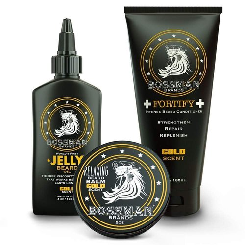 Bossman Essentials Beard Kit for Men - Beard Oil Jelly, Fortifying Conditioner Cream, Beard Balm - Grooming Growth Care Accessories (Gold)