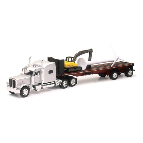 New Ray Peterbilt 389 Truck with Flatbed Trailer Silver Metallic with Excavator and Wind Turbine Long Haul Truckers Series 1/32 Diecast Model