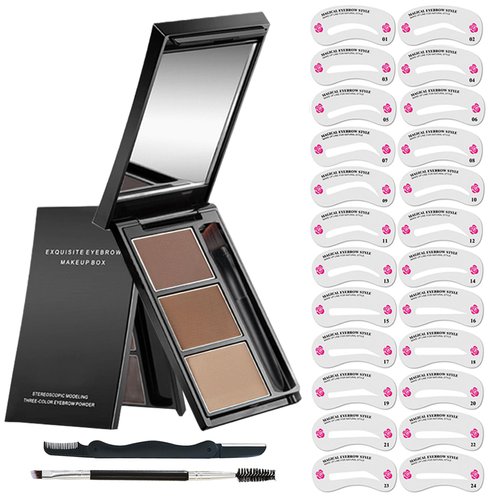 LZXLUKGIR Eyebrow Powder Kit,3 Colors Eye Brow Powder for Women Eyebrow Makeup,Professional Dark and Light Brown Eyebrow Filler with Mirror,Brush Razor and Eyebrow Stamp Stencil (Set 02)