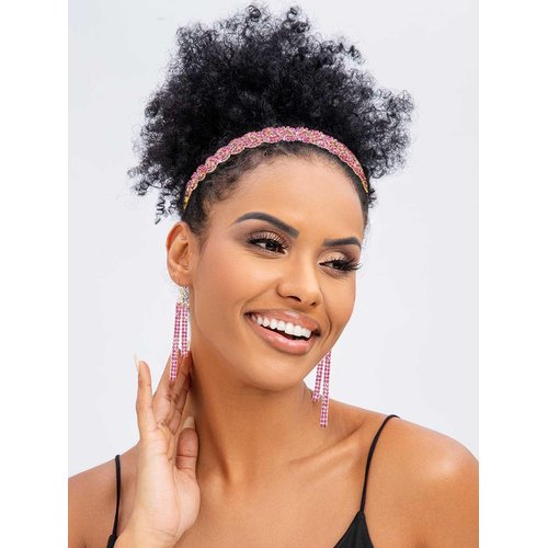 Fstrend Braided Rhinestones Elastic Headband Tassel Earrings Set Gold Crystal Hairbands Eardrop Sparkle Head Chain for Women(Pink)