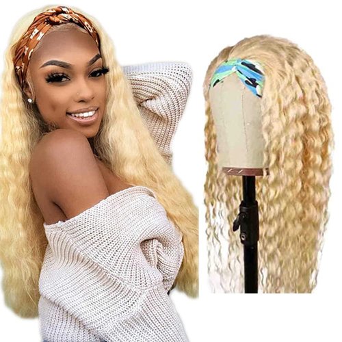 Capurchra 613 Blonde Headband Wig Human Hair Deep Wave Non Lace Front Wigs Unprocessed Virgin Hair Glueless Deep Wave 613 Colored Headband Wigs Blonde Full Machine Made Wig for Black Women 20 Inch
