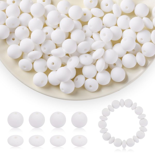 Kogcmeetl 100Pcs Silicone Beads, 12mm Silicone Beads for Keychain Making Rubber Silicone Focal Beads Bulk Loose Beads for Pens Necklace Bracelet Crafts Making (White)