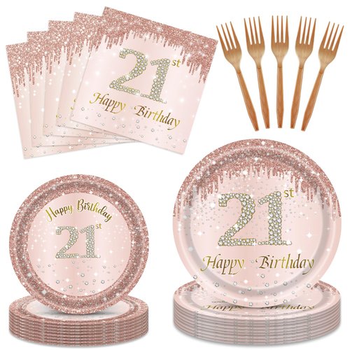 21st Birthday Decorations for Girls Rose Gold Sweet 21 Birthday Party Decoration for Her Rose Gold Plates Napkins Forks Set 21th Disposable Dinnerware Party Supplies for Girls Birthday Party Supplies