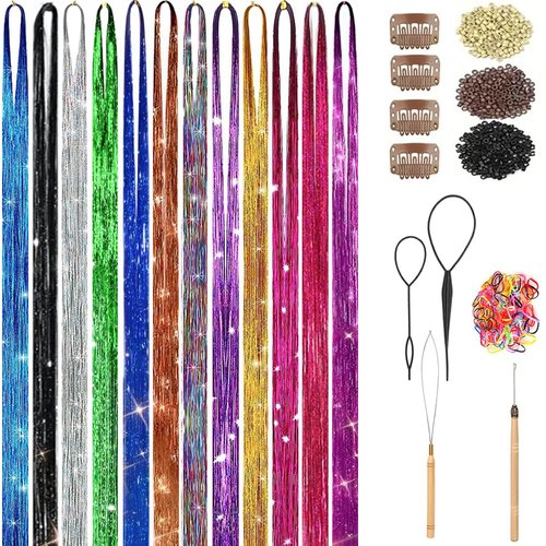 Hair Tinsel Kit With Tool Tinsel Hair Extensions 12 Colors Fairy Hair Tinsel, Sparkling Shiny Hair Tinsel Heat Resistant Highlights Glitter Tinsel Hair Extensions (48 Inch)