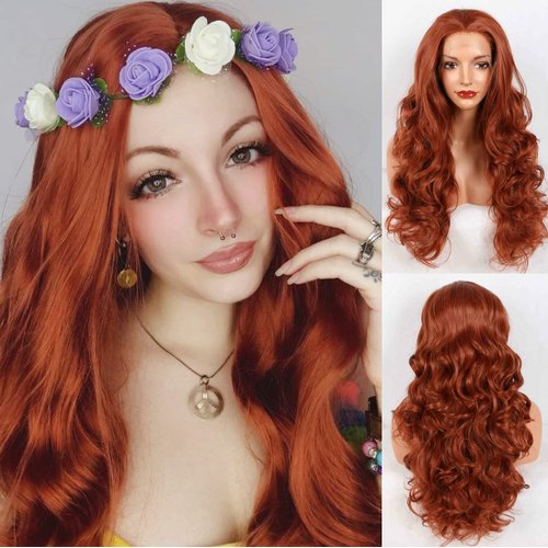 RainaHair 24inch Dark Orange Wig Body Wave Natural Hair Heat Resistant Synthetic Lace Front Wigs Flawless Hairline Cosplay Makeup for Drag Queen Free Part Women Wigs Long Hair Replacement Wig