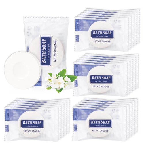 SLequipo Bulk Bar Soap, 50 Pack Round Mini Soap Bars Bulk Individually Wrapped, 0.5 oz Travel Soap Small Hotel Soaps Travel Size Toiletries for Hotel Bathroom(Round)