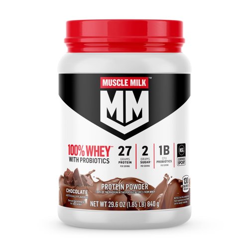 Muscle Milk 100% Whey With Probiotics Protein Powder, Chocolate, 1.85 Pound, 23 Servings, 27g Protein, 2g Sugar, 1B CFU Probiotics, Low in Fat, NSF Certified for Sport, Packaging May Vary