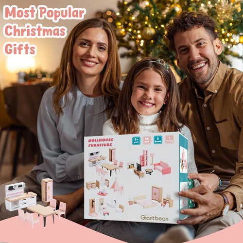 Giant bean 32pcs Wooden Dollhouse Furniture Set 5 Rooms, Wood & Plastic Pink Dollhouse Accessories Pretend Play Furniture Toy Christmas Birthday Gift Toy for Kids Boys Girls Toddler 3+