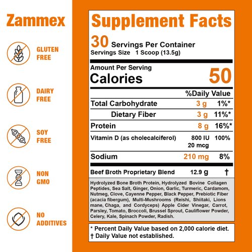 Zammex Bone Broth Plus Superfood Protein Powder (Turmeric Flavor), 8g Hydrolyzed Protein with Vitamin D, for Healthy Skin, Nails, Hair, Joints & Digestion,Non-GMO (30 Servings)