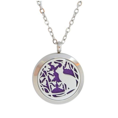 Aromatherapy Essential Oil Diffuser Stainless Steel 30MM Silver Magnetic Locket Pendant with Chain Necklace and Colored Refill Pads & Diffuser Bracelet All in a Velvet Bag (Cat)