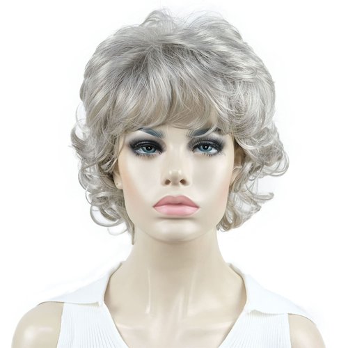 Aimole Synthetic Wigs Women's Curly Ends Short Fiber Wig With Layered Bangs (51 Silver Grey)