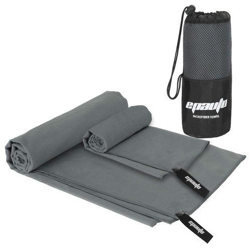 EPAuto 2-Pack Microfiber Fast Drying Travel Gym Towels, Grey, (60''x30'', 24''x15'')
