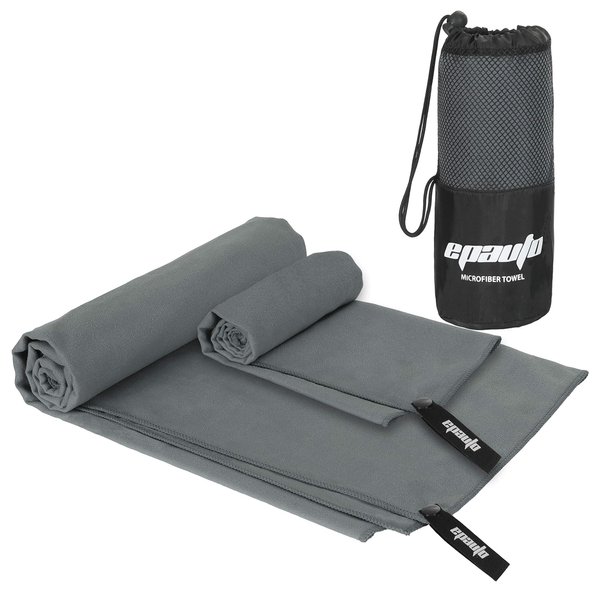 EPAuto 2-Pack Microfiber Fast Drying Travel Gym Towels, Grey, (60''x30'', 24''x15'')