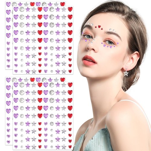 4 Sheets Star Heart Face Gems Stickers, Eye Face Jewels Stick on, Colorful Acrylic Rhinestone Face Makeup Tattoo Stickers, Rave Accessories for Halloween, Parties