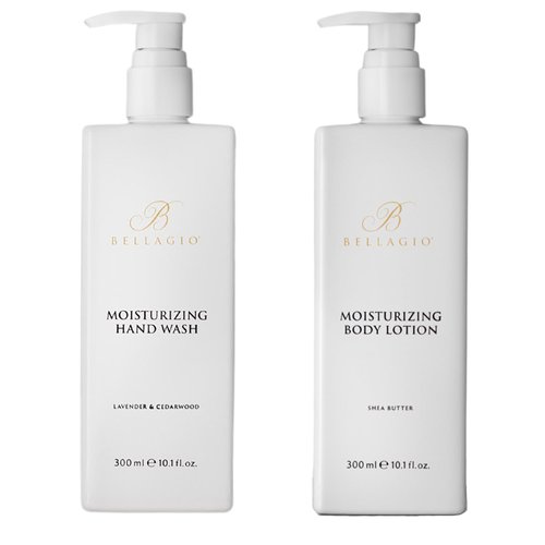 Bellagio Skin Care Set - Hand Wash & Body Lotion - Scented with Cedarwood, Green Mandarin, Lavender - Hotel Body Care Amenities - 10 oz, White