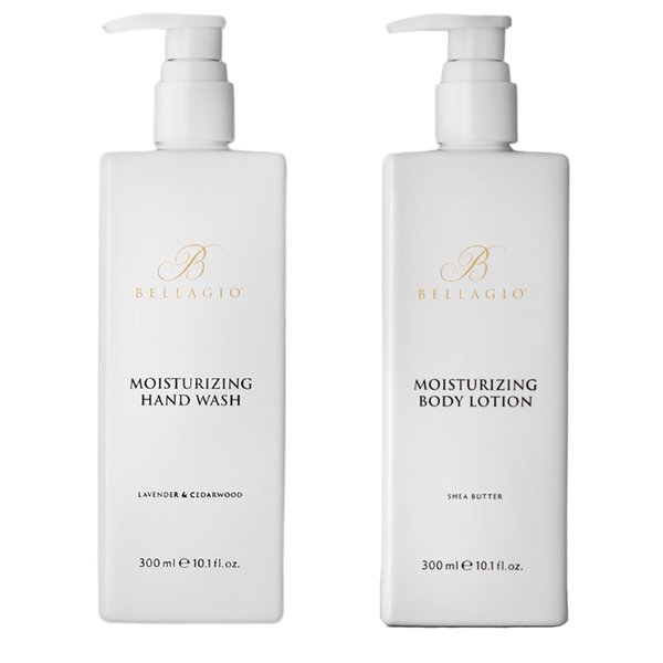 Bellagio Skin Care Set - Hand Wash & Body Lotion - Scented with Cedarwood, Green Mandarin, Lavender - Hotel Body Care Amenities - 10 oz, White