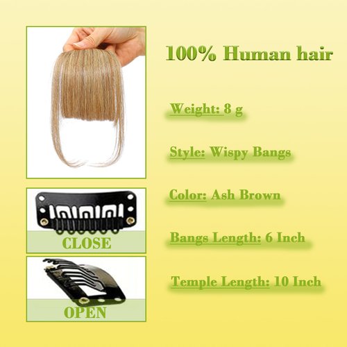 Savasana Clip on Wispy Bangs-Real Human Hair Clip in Bangs Hairpieces Fake Air Bangs Fringe with Temples Bangs Hair Extensions (Wispy Bangs, Ash Brown)
