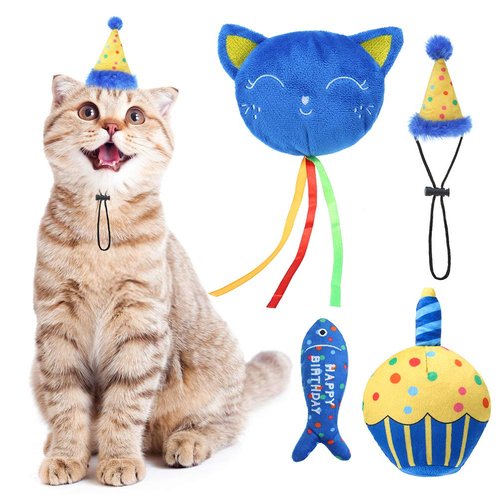 BINGPET Cat Birthday Catnip Toys for Indoor Cats,Cat Birthday Hat and Cat Birthday Cake Interactive Plush Kitten Chew Toys,Cute Cake, Fish,Balloon Toys with Crinkle Paper and Catnip Inside Cat Gifts