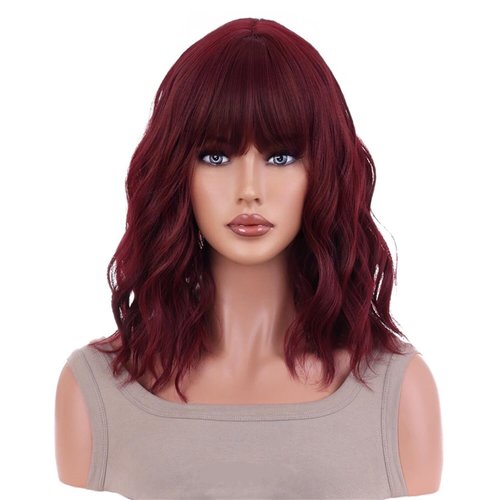 AneShe Short Wine Red Bob Wigs with Bangs Short Curly Wavy Burgundy Wig for Women Shoulder Length Wig Synthetic Fiber Wig for Daily Party Cosplay Use