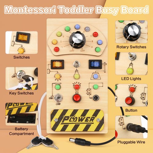 Dreamon Montessori Wooden Busy Board with 15 Led Lights - Baby Sensory Toys Light Switch Travel Toys for Ages 2-4 - Preschool Learning Activities Christmas & Birthday Gifts for Toddlers 1-3