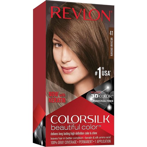 Permanent Hair Color by Revlon, Permanent Hair Dye, Colorsilk with 100% Gray Coverage, Ammonia-Free, Keratin and Amino Acids, 41 Medium Brown, 4.4 Oz (Pack of 1)
