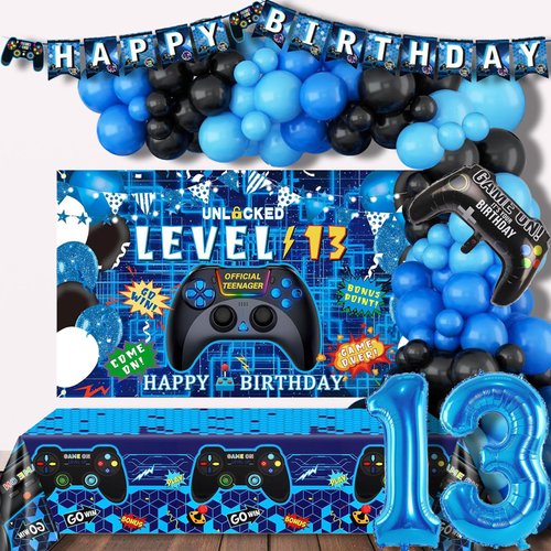 13th Birthday Decorations Boys Girls, 135PCS Game on Birthday Party Supplies Including Backdrop, Balloon Arch/Garland Kit, Tabblecloth, Banner