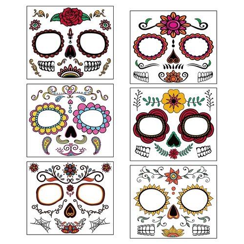 12PCS Sugar Skull Face Temporary Tattoos Decorations- Day of the Dead Halloween Masquerade Party Supplies