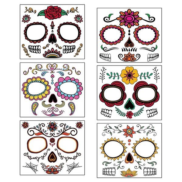 12PCS Sugar Skull Face Temporary Tattoos Decorations- Day of the Dead Halloween Masquerade Party Supplies