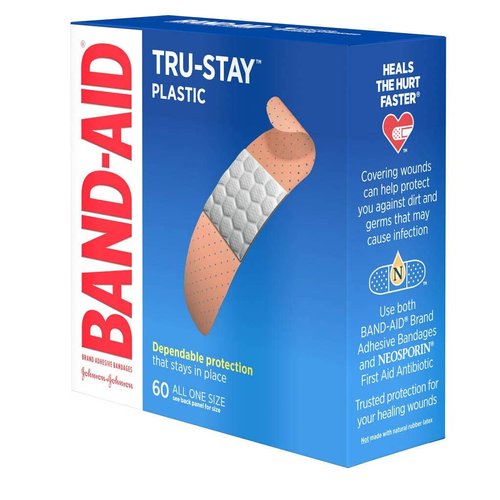 Band-Aid Brand Tru-Stay Plastic Strips Adhesive Bandages for Wound Care and First Aid, All One Size, 60 ct