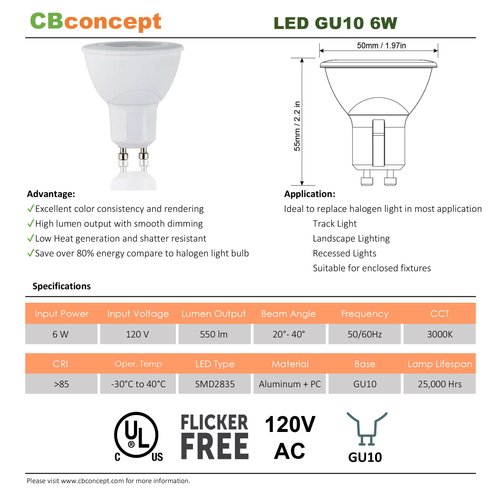 CBConcept UL-Listed GU10 LED Light Bulbs, 2-Pack, 6 Watt, 550 Lumen, Warm White 3000K, 50W Halogen Equivalent, 36°Beam Angle, 120 Volt, Not Dimmable,Recessed/Track Lighting | Designed In San Francisco