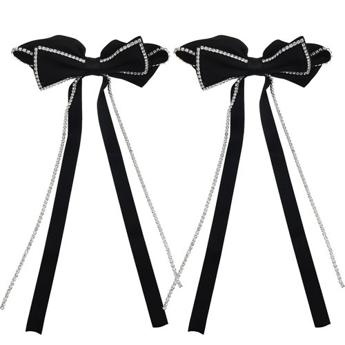 2 PACK Hair Bows Sparkly Rhinestone Tassel Hair Clips Barrettes Black Bowknot with Long Brocade Tassel Ribbon Claw Hair Accessories for Women and Girls