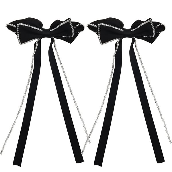 2 PACK Hair Bows Sparkly Rhinestone Tassel Hair Clips Barrettes Black Bowknot with Long Brocade Tassel Ribbon Claw Hair Accessories for Women and Girls