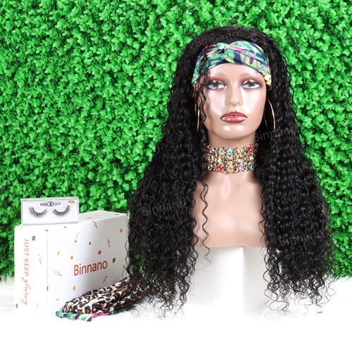 Deep Wave Headband Wig Human Hair Wigs for Black Women - Brazilian Virgin Hair Deep Wave Wig Headband - Glueless None Lace Front Deep Curly Wigs Human Hair 150% Density Natural Black (18 Inch)
