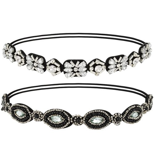 Amariver 2 Pieces Rhinestone Beaded Elastic Headband，Fashion Headbands Handmade Hair Bands Hair Accessories for Lady Woman 20-25" Fits for Most (Style B)