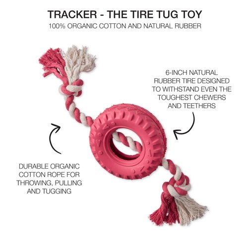 Pet Passion Natural Rubber Tire and Organic Cotton Rope Pull and Chew Dog Toy for All Pet Breeds, Pink, One Size