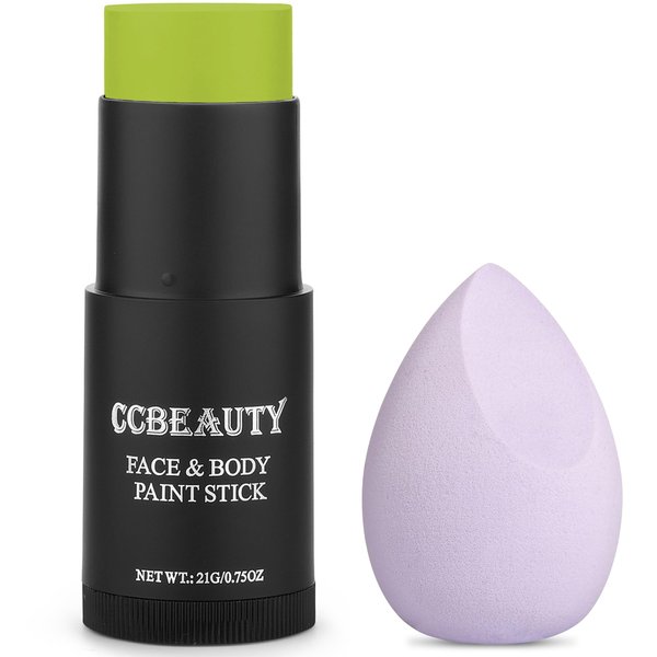 CCbeauty Ogre Green Face Paint Stick,Face Painting Kit,Professional Body Paint,Non Toxic SFX Makeup For Shrek Disgust Goblin Halloween Costume Cosplay,Full Coverage Painting Foundation + Makeup Sponge