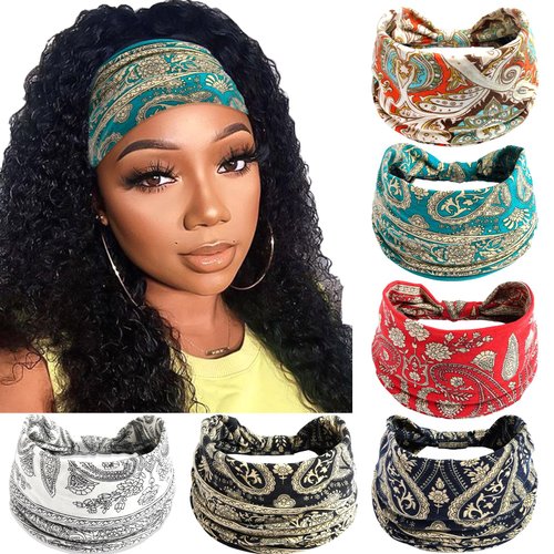 SAWINDA 6 Pack Wide Headbands for Women Boho Hair Bands Knotted Non-Slip Bandana Headbands Floral Printed African Head Bands for Women's Hair Stretchy Yoga Workout Head Wraps Accessories