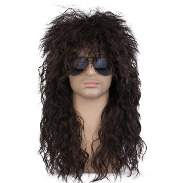 JIEFULL 70s 80s Rocker Wigs for Men and Women, Rockstar Wig Long Curly Mullet Wigs for Halloween Rock Star Punk Cosplay Costume Party Accessory(Brown)