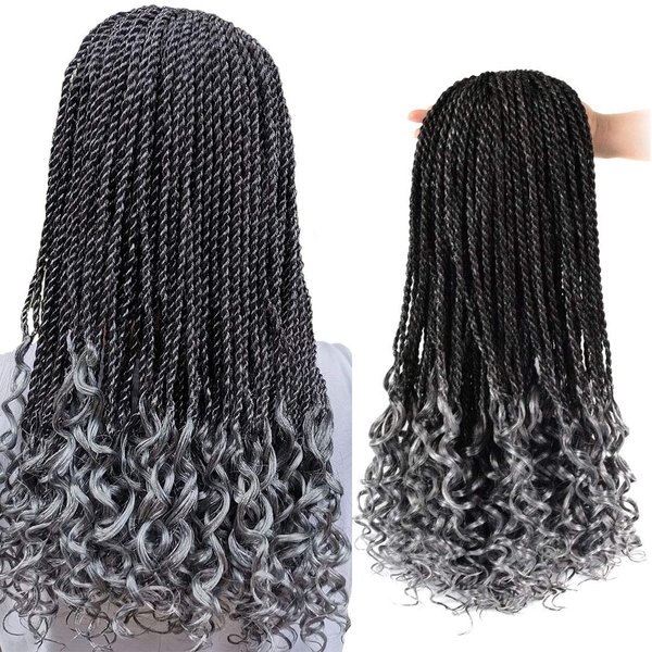 HVN-KVVM 18 Inch Senegalese Twist Crochet Hair with Curly Ends Prelooped Goddess Box Braids Crochet Hair for Black Women Salt and Pepper(5 Packs,1B/Gray)