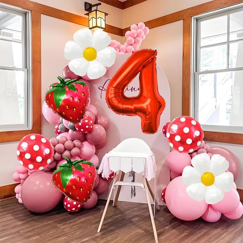 Strawberry Balloons Fourth Birthday Decorations for Girl, 40 Inch Mylar Red Number 4 Balloons, Strawberry Balloon for Strawberry Party Decorations, Strawberry Themed Party