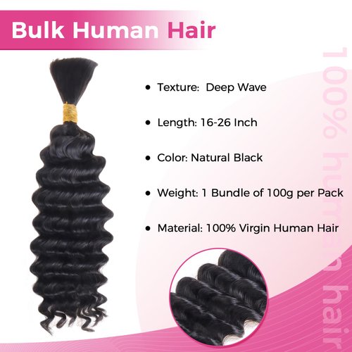 Lashey Human Braiding Hair Deep Wave Bulk Human Hair for Braiding 100% Virgin Hair Bulk No Weft Human Hair Extensions For Boho Braids Knotless Box Braid 100g One Bundle/Pack Natural Black 20 Inch
