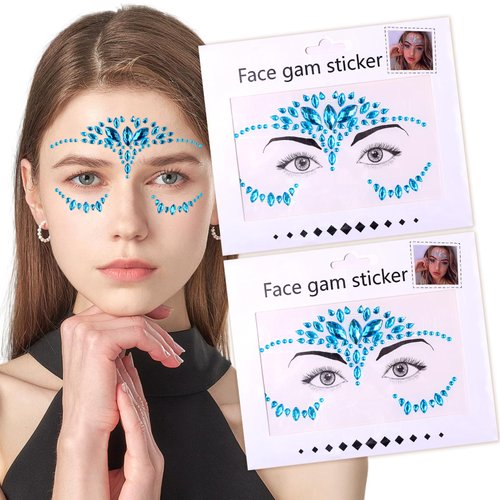 Mermaid Face Jewels Rhinestones Eyes Body Face Gems Blue Crystal Tears Gems Stones Halloween Temporary Tattoos for Carnival Festival Cosplay Party Decorative Accessories 2Sheets (5-Blue)