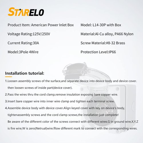 STARELO 30 Amp Generator Power Inlet Box NEMA L14-30P,125/250 Volt 7500W, Outdoor dustproof and Weatherproof for generators, Welding Machines, etc.ETL Listed.(NEMA L14-30P Box)
