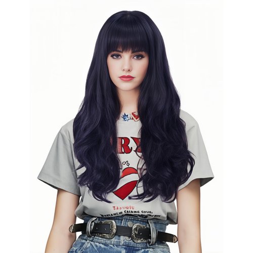 NJJYXH 26 Inches Natural Black Wigs for Women Long Black Wavy Wig with Neat Bangs Synthetic Natural Brunette Wig for Cosplay,Halloween,Daily Use