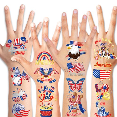 HOWAF 4th of July Temporary Tattoo, Independence Day Shine Metallic Tattoo Stickers for American July Fourth Party USA Patriotic Party Decorations, Red White Blue Foil Face Tattoos