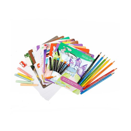 Micador jR. Amazing Ideas! Pack, Draw! - 10 Activities + Color Pencils + Oil Pastel + Chalk + Sharpener + Eraser - Ages 3+