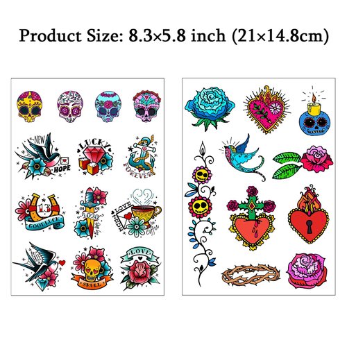 CARGEN Cool Classic Temporary Tattoos - Skull Sword Bird Rose Script Sailor Diamond Old School Traditional Realistic Temporary Tattoos Fake Tattoos Great for Adults Women Men Kids on Arm Leg Face