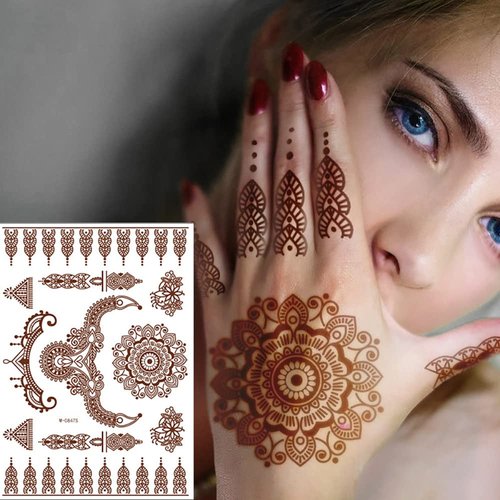 Brown Henna Temporary Tattoo Stickers 8 Sheets Henna Stickers Exquisite Lace Flower Mandala Waterproof Fake Tattoos stickers Flower Design for Women Girls Arm Legs Decor Party Decorations Body Art
