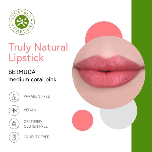 Honeybee Gardens Truly Natural Long Lasting Lipstick, Bermuda, Matte Medium Coral Pink, Naturally Hydrating & Nourishing, Vegan, Gluten-Free & Cruelty-Free, 0.13 oz / 3.8 g